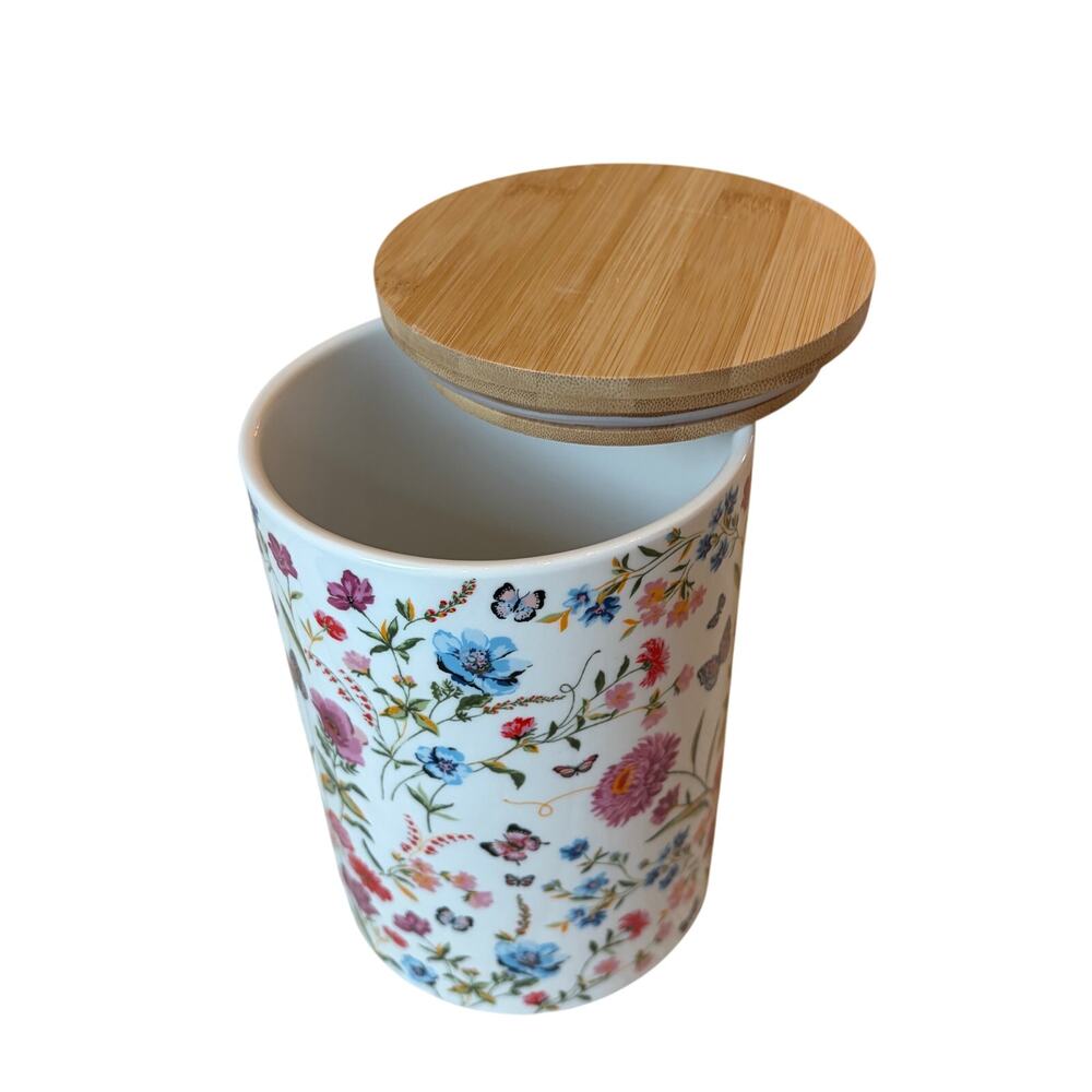 Grace Teaware Porcelain Canister w/ Wooden Lid Spring Floral Butterflies 8in NEW - Picture 12 of 15